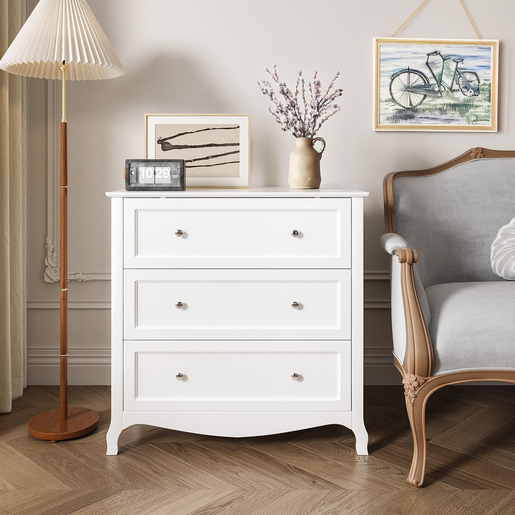 White Dresser 3 Drawer Chest of Drawers, Painted Wood Dresser with Large Drawers and Curved Legs, 31.5" W Large