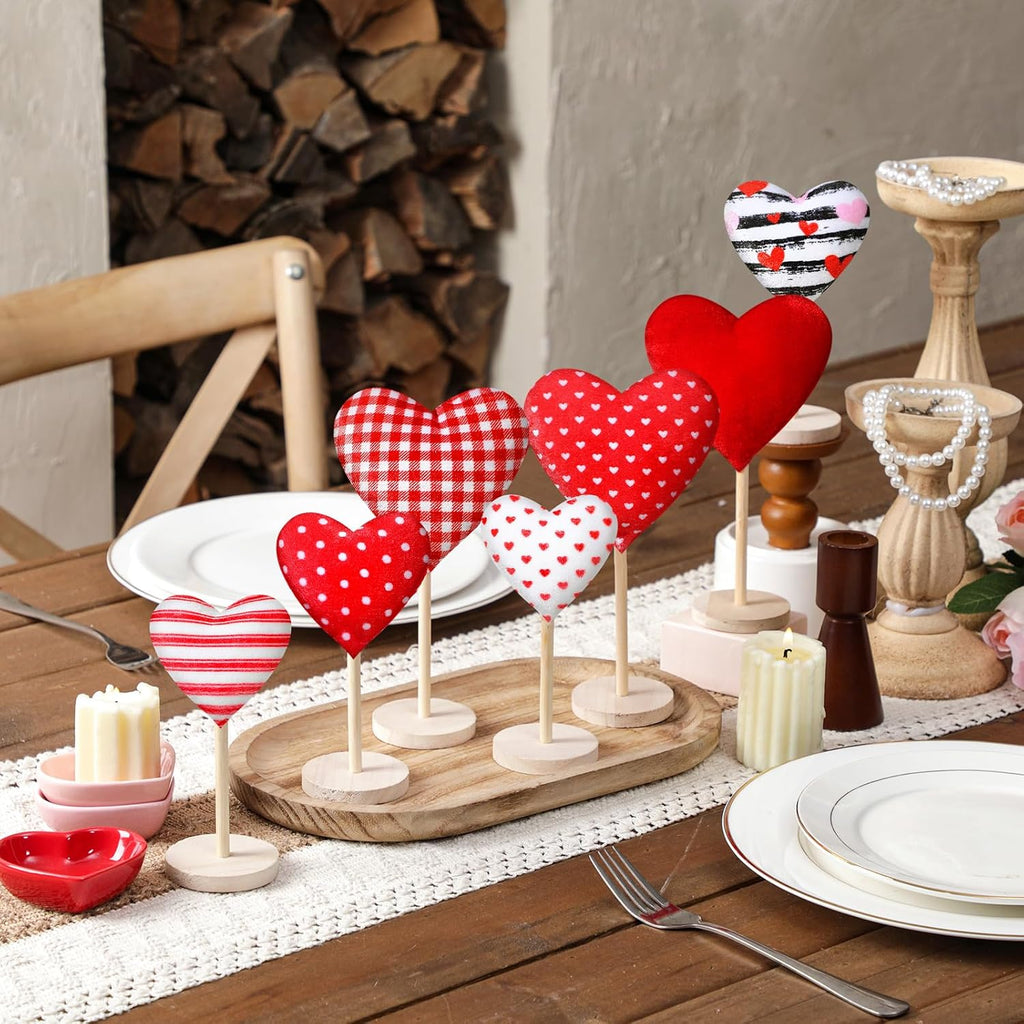 Valentine's Day Decorations Flocked Heart Table Decor Velvet Heart Wooden Sign Tall Standing Love Tabletop - Set of 7