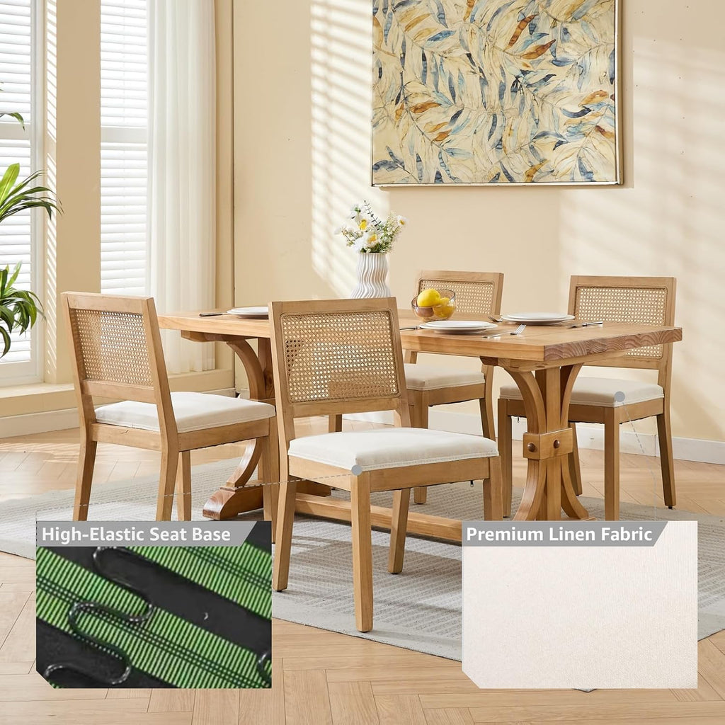 French Country Dining Chairs Set of 6, Beige Modern Kitchen & Dining Room Chairs, Rattan Dining Chair with Linen