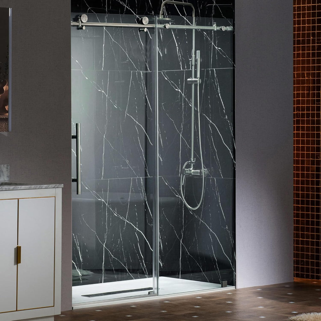 Frameless Single Sliding Shower Doors in Brushed Nickel Finish