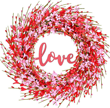 20IN Valentines Wreaths for Front Door Decorations, Pink Forsythia Valentine Wreath, Spring Summer Wreath