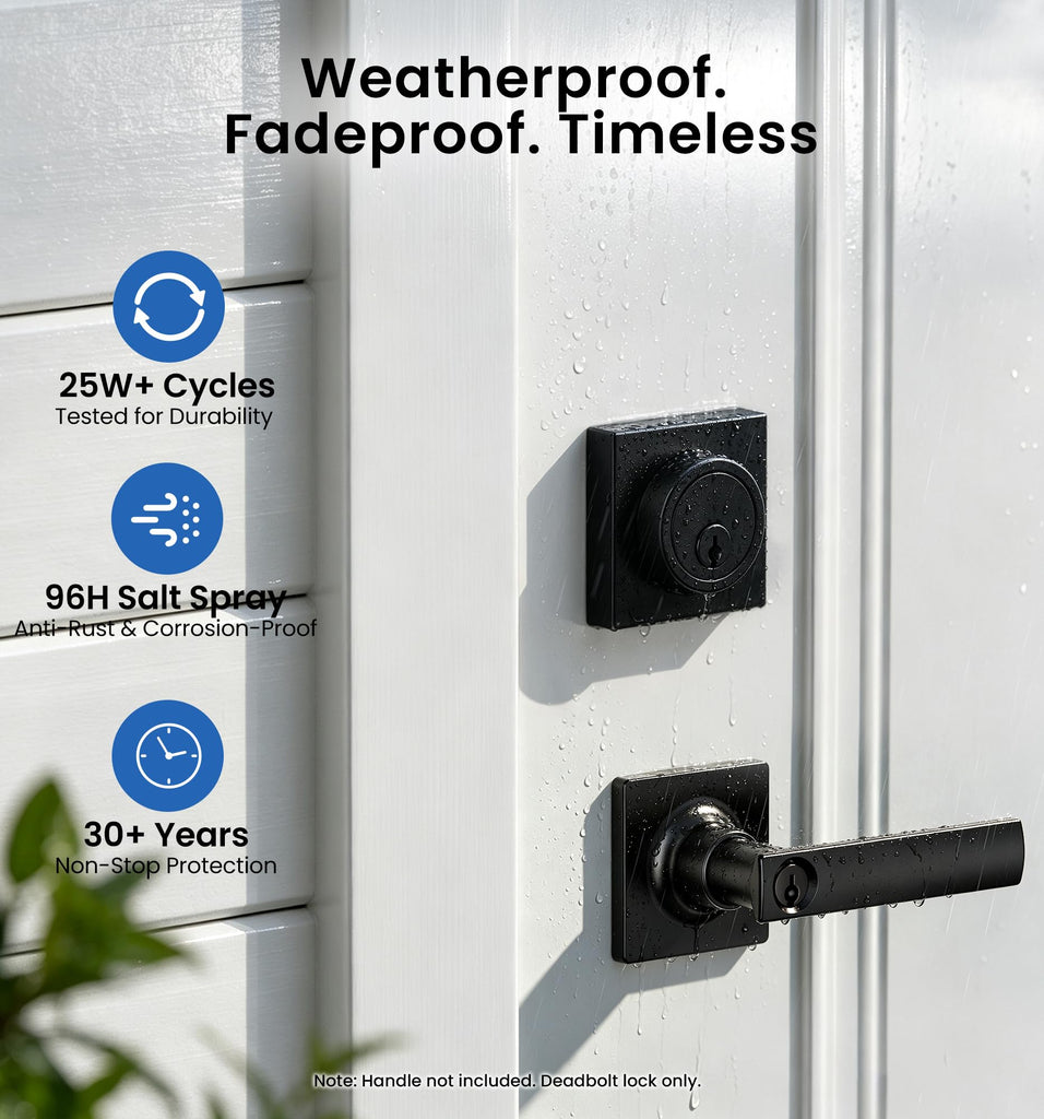 Modern Square Deadbolt, Matte Black Single Cylinder Door Lock ANSI 3