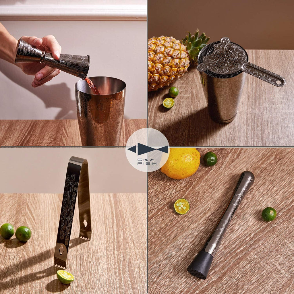 Bartender Kit Cocktail Shaker Set- Stainless Steel Black Plated Etching Bar Tools with Boston Shaker - Set of 7