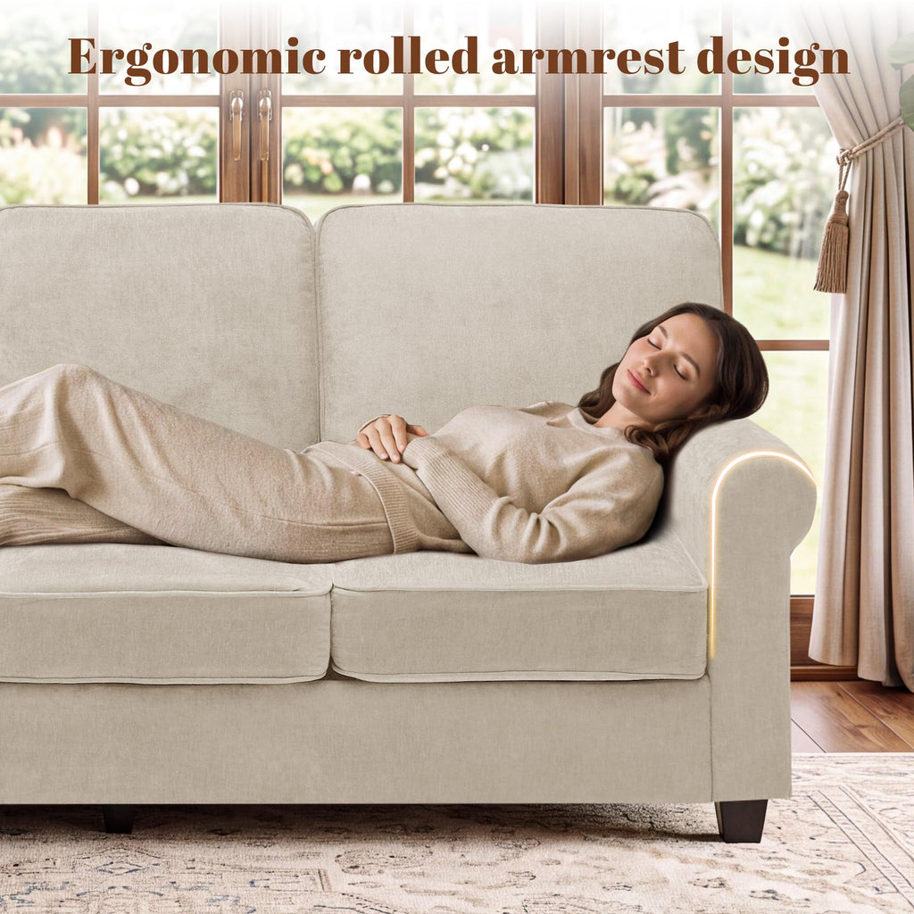 Chenille Standard Sofa with Rolled Arms, Khaki