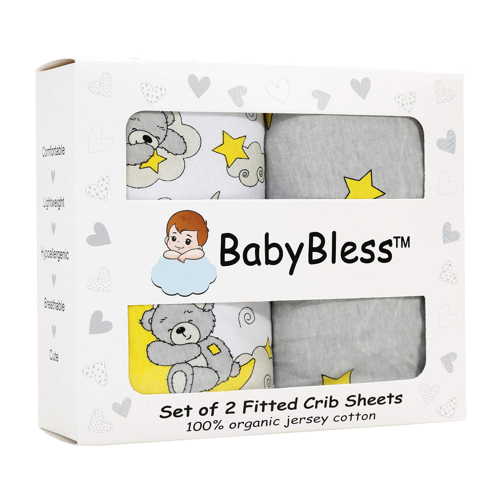 Crib Sheets (2 Pack) - 100% Organic Jersey Cotton Fitted Crib Sheets for Standard Crib and Toddler Mattresses |Star