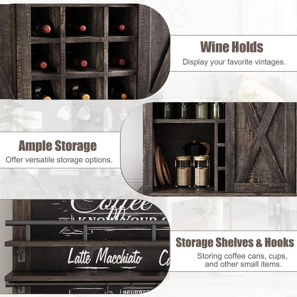 Bar Cabinet 75 in Tall Coffee Hutch Large Kitchens Hutch Farmhouse Coffee Bar Cabinet Cupboard with Sliding Barn Door