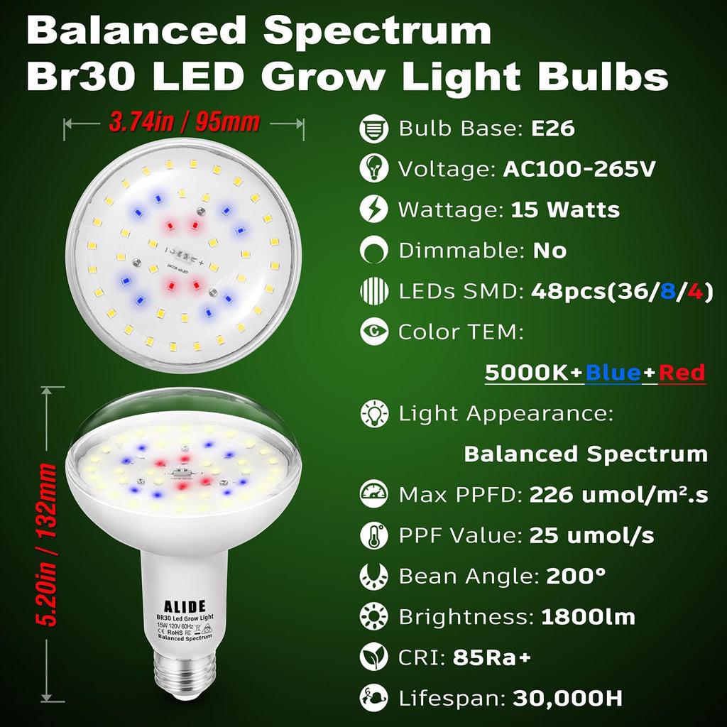 BR30 Led Grow Light Bulbs for Indoor Plants Full Spectrum,E26 BR30 Floodlight Plant Sun Grow Lamp 15W 1800lm,150-200