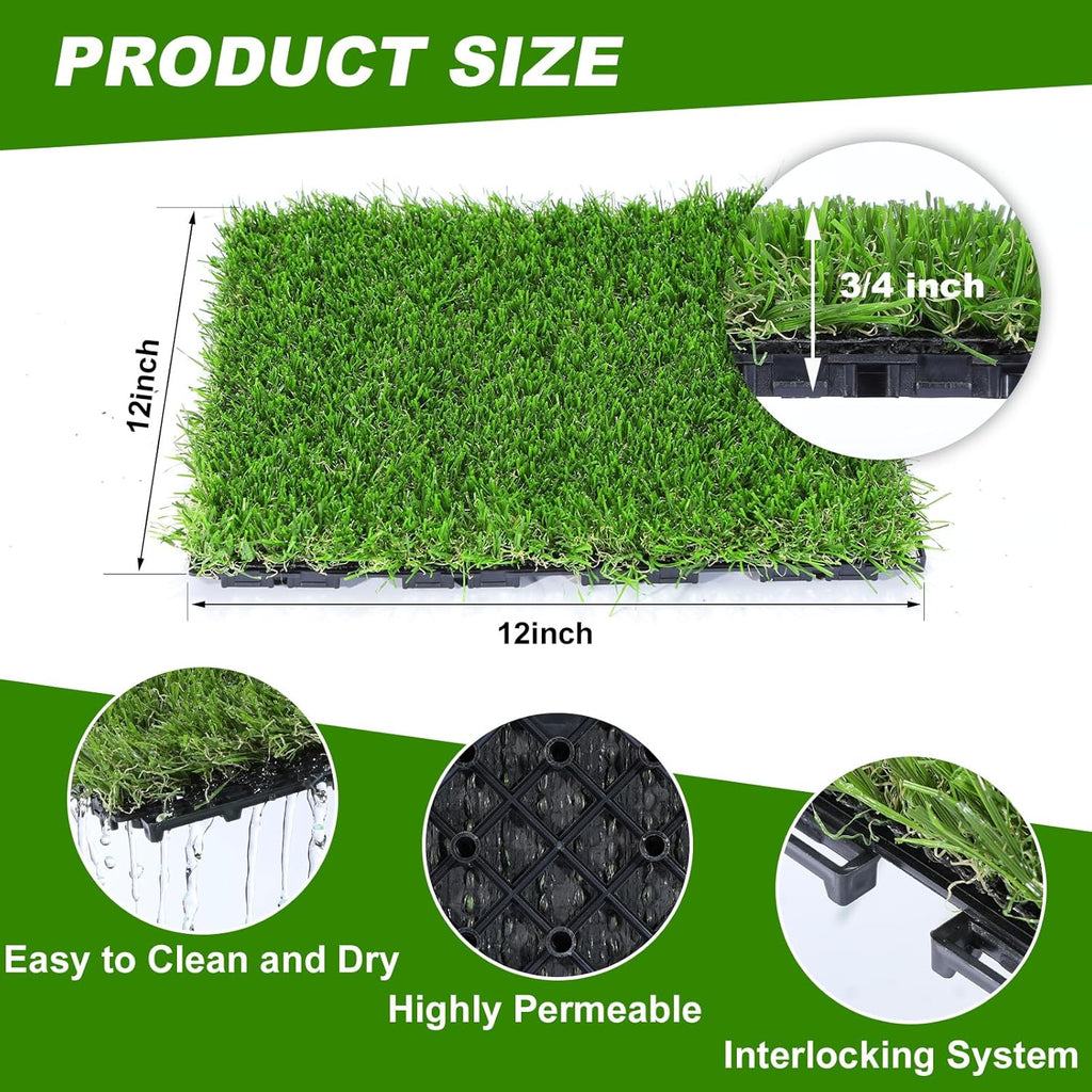Artificial Grass Tiles Interlocking Turf Squares Deck 9 Pack -12"x12" Indoor Outdoor Faux Grass Rug with Drainage