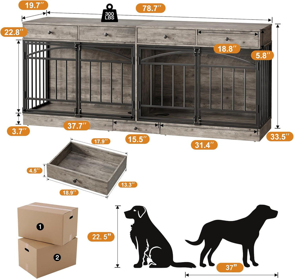 Dog Crate Furniture for 2 Dogs, Dog Kennel Indoor with 4 Storage Drawers and Feeding Bowls