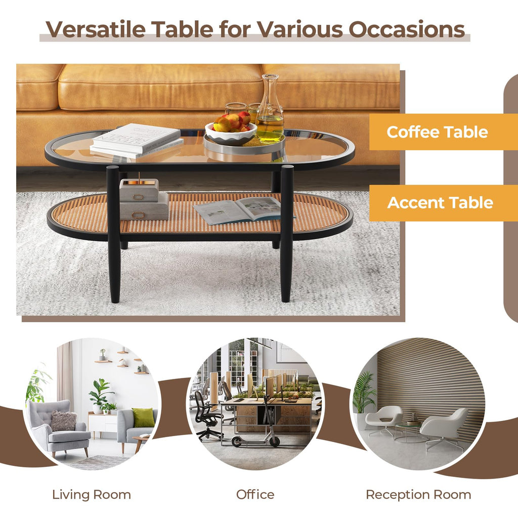 Oval 2-Tier Rattan Coffee Table with Curved Wood Frame (Black)