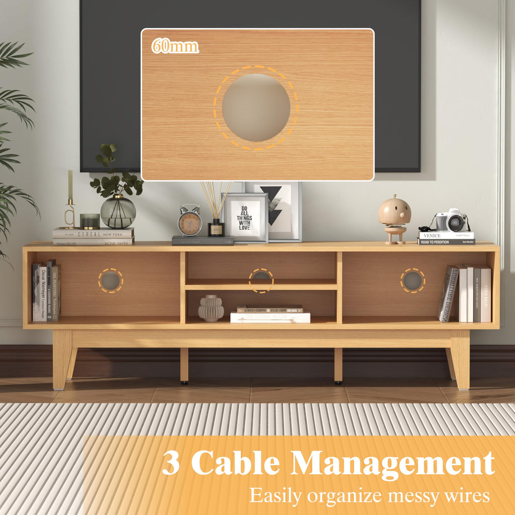 Oak Boho TV Stand for 55-70 inch, Entertainment Center with Rattan Design