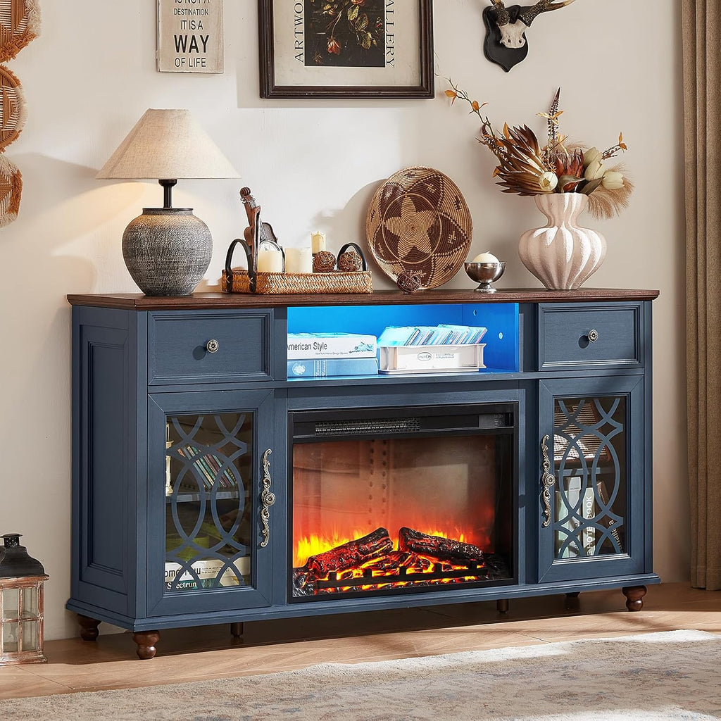 59 Inch Farmhouse Fireplace TV Stand with Electric Fireplace, LED Lights, Glass Door Media Console with Drawers for TVs up to 65 Inches, Blue