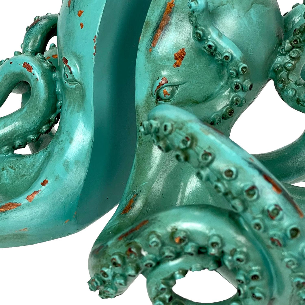 Set of 2 Octopus Decorative Bookends, 10 Inch Aqua Resin | Lifelike Tentacle Sculpting, Felt Pad Feet Help Protect