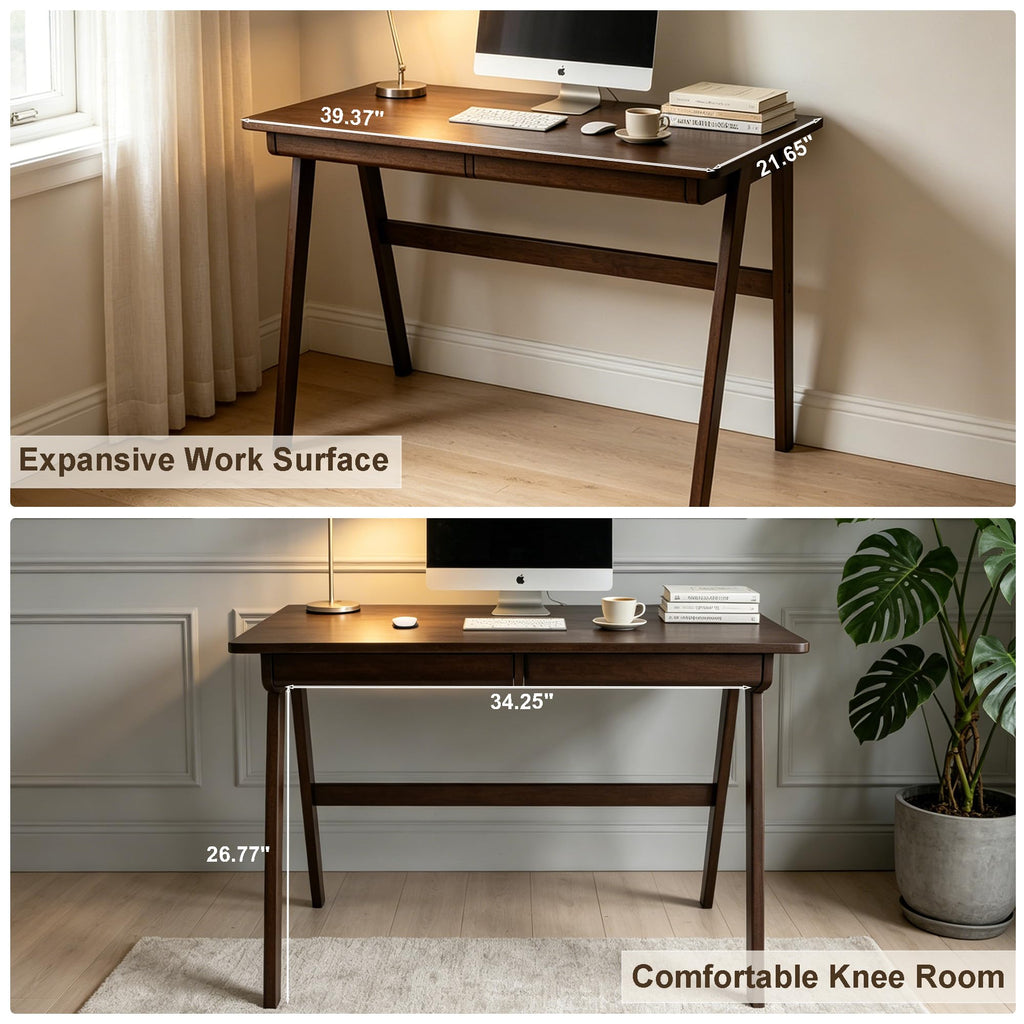 Solid Wood Writing Desk, Small Computer Desk with Drawers