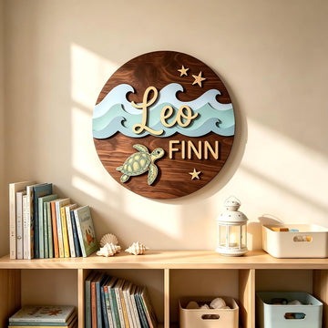 Personalized Name Sign, Custom Wooden Ocean Theme Wall Decor with Turtle Waves and Starfish, Kids Bedroom Door
