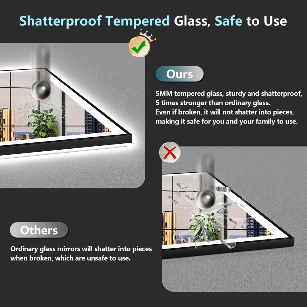 72x40 Black LED Bathroom Mirror, Backlit & Front Lit Lighted Mirror