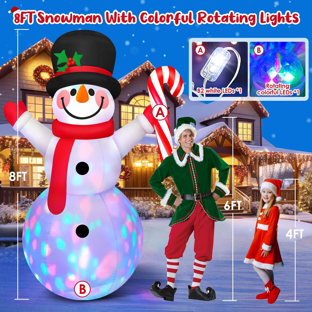 8 FT Tall Christmas Inflatables Outdoor Decorations Blow Up Snowman Inflatable Candy Cane, Build-in Rotating Colorful