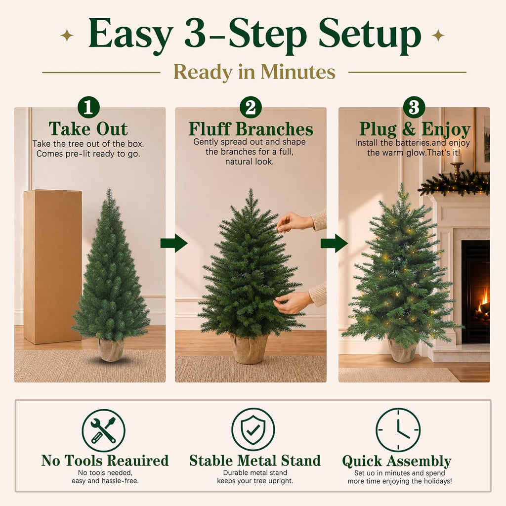 3ft Pre-Lit Artificial Mini Christmas Tree, Battery Operated Xmas Tree