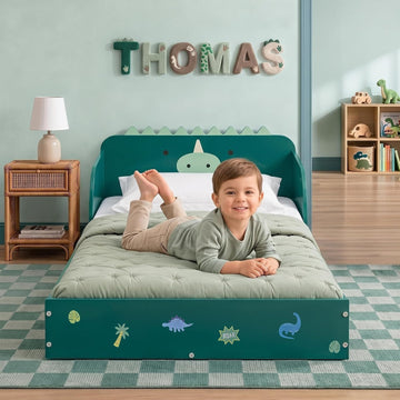 Dino Wood Floor Toddler Bed with Reusable Stickers, Green