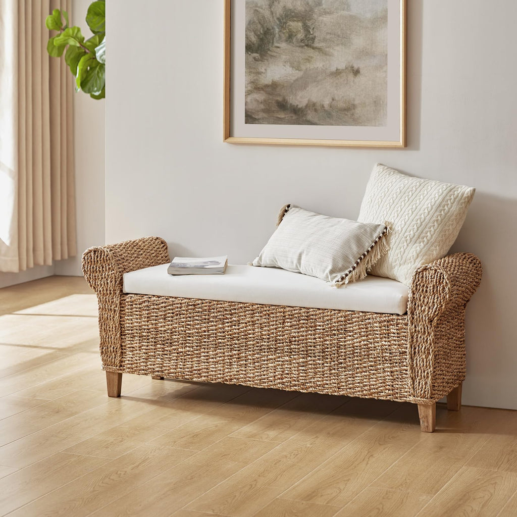 56" Rattan Storage Bedroom Bench with Rolled Armrests, Natural