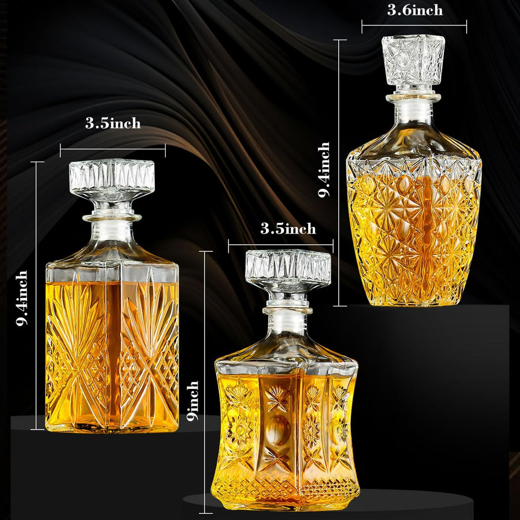 Whiskey Decanter, Premium Crystal Spirits Decanter for Scotch, Bourbon, Vodka & Whisky, Ideal Barware & Gift - Set of 3