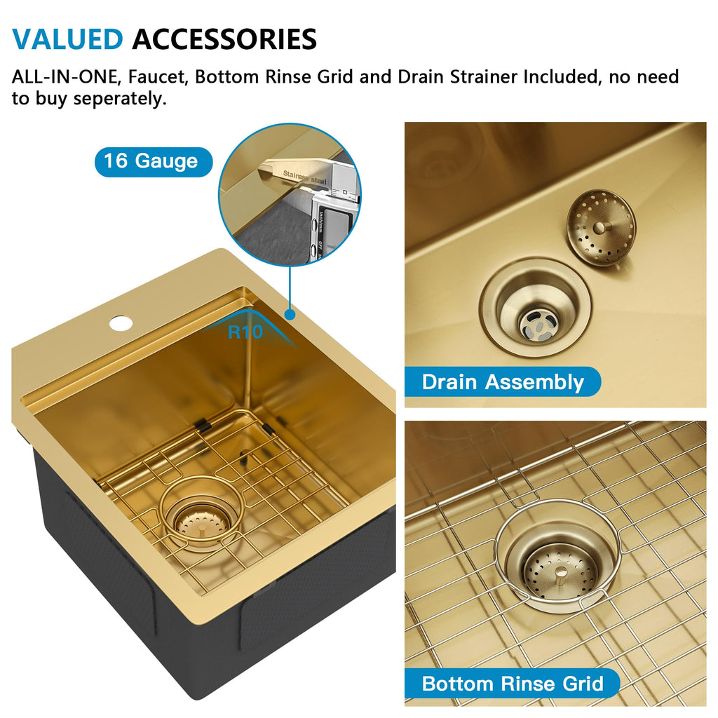 15"x18" Gold Bar Prep Sink Drop In Top Mount Workstation