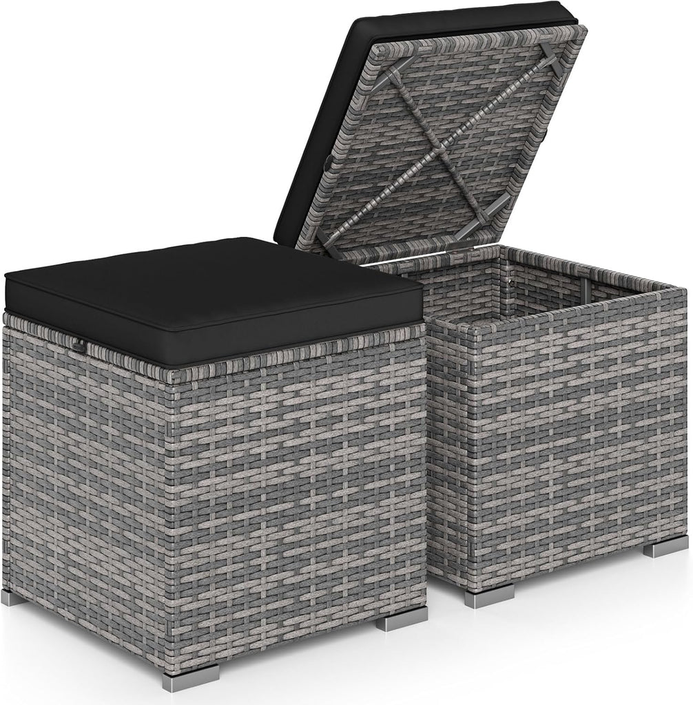 Patio Ottoman Set of 2, Outdoor Wicker Stools with Storage, Rattan Footrest Ottoman with Solid Metal Frame and
