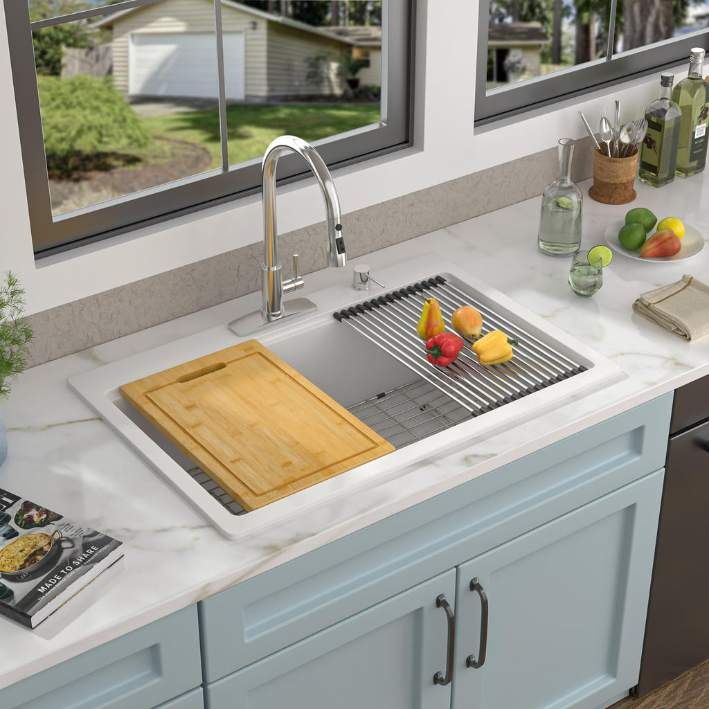 33"x22" Granite Composite - Ledge Workstation Drop In Topmount White Quartz Classic Above Counter Single Bowl Basin