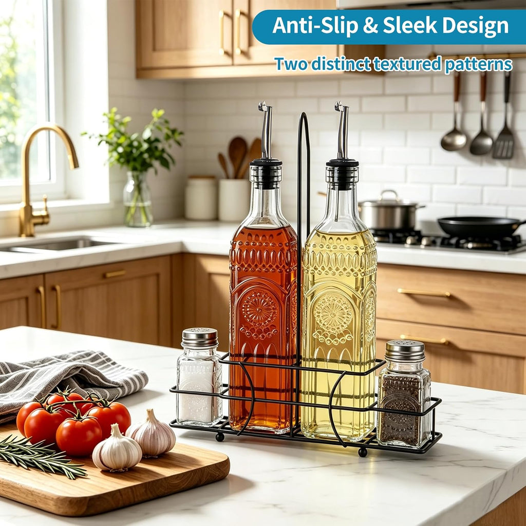 Glass Oil and Vinegar Cruet Set, Salt & Pepper Shakers with Holder - Set of 4