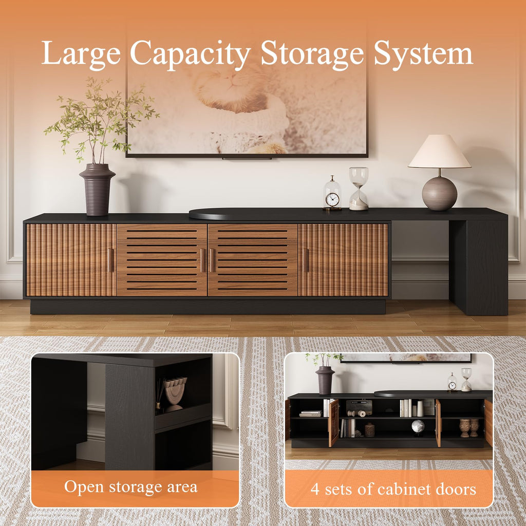 70.1"-100" Mid Century Modern TV Stand for 85" 90" 100" TVs, Extendable TV Stand with 4 Storage Cabinets, Adjustable