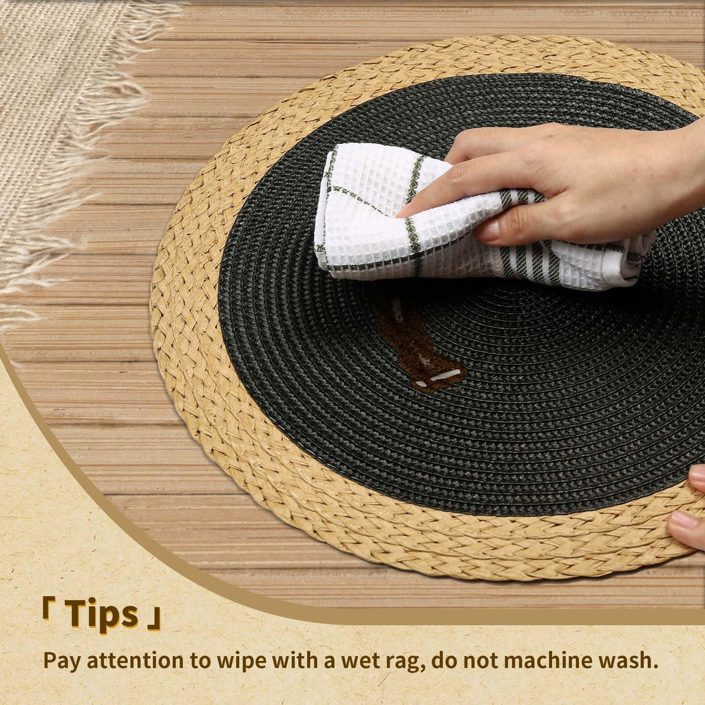 Round Placemats Set of 6, Woven Table Mats, Wide Edge, Black