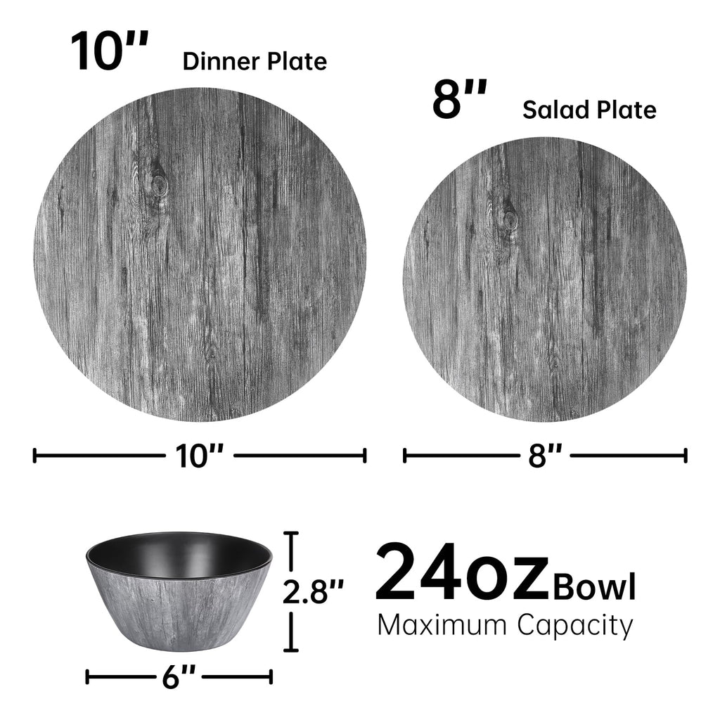 Melamine Dinnerware Set - Rustic 12 Piece Plates and Bowls, Heavy Duty Dishes for Indoor Outdoor Use