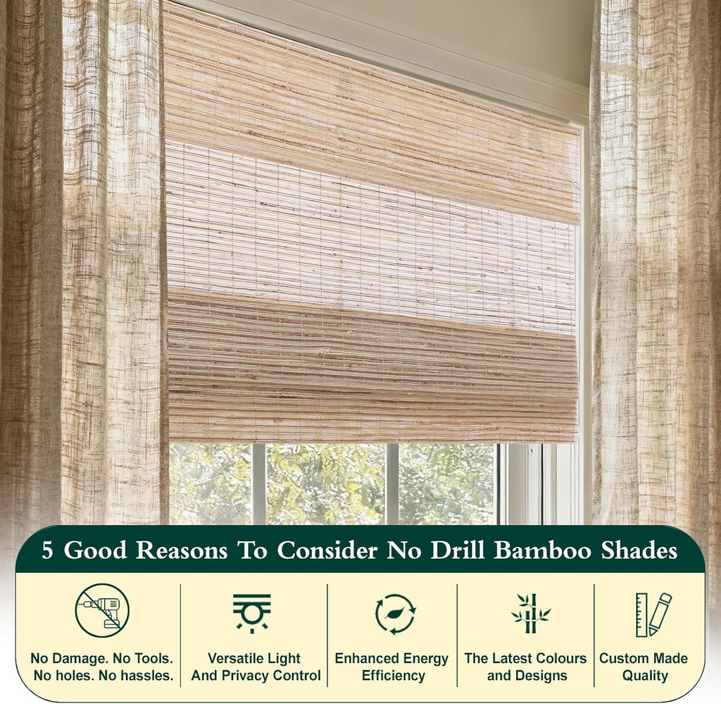 No Drill Blackout Roman Shades, Pando Cordless No Tools Bamboo Blinds for Indoor Windows, Light Filtering Woven Wood