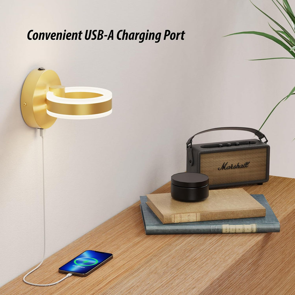 LED Wall Sconces with ON/Off Switch, Gold Rotatable Hardwired Wall Light Fixtures, Built in USB Charging Port, Modern