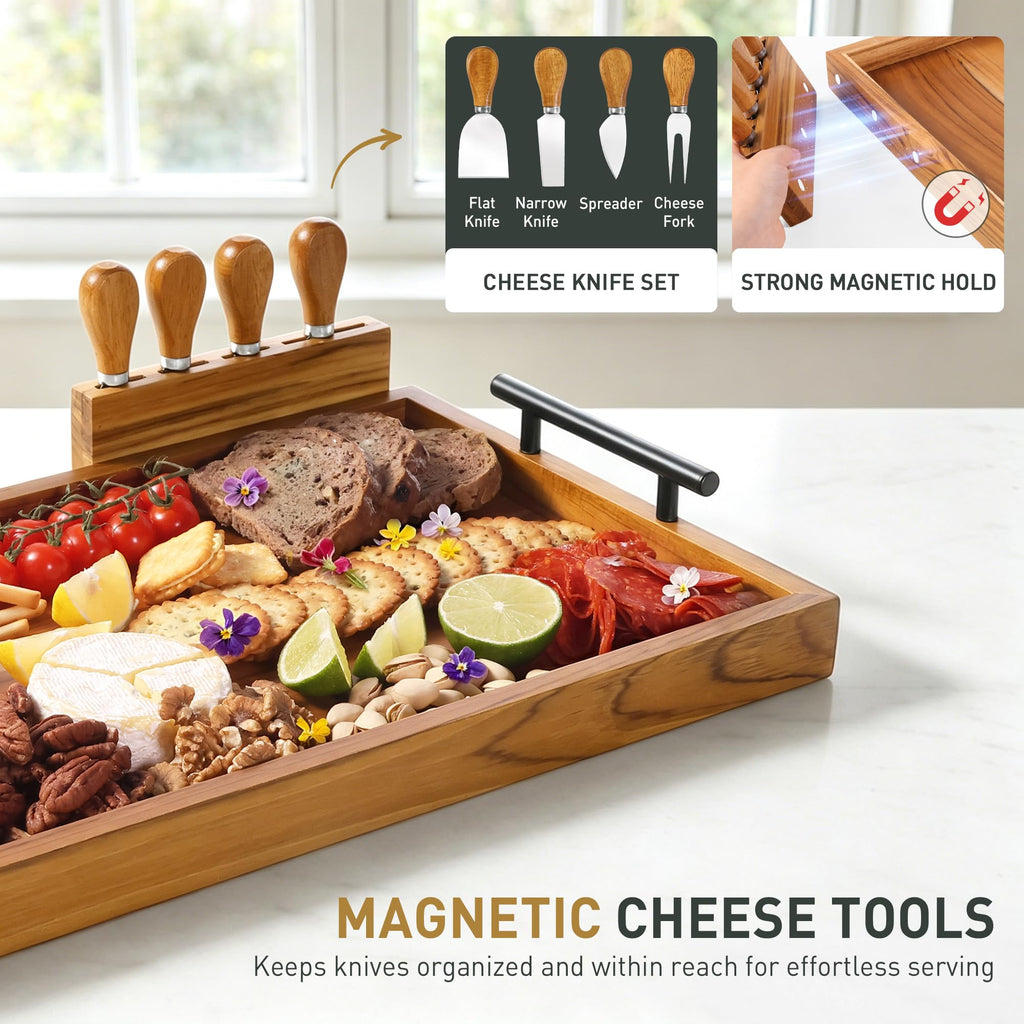 30 in Teak Big Charcuterie Board with 4-Piece Cheese Knife Set