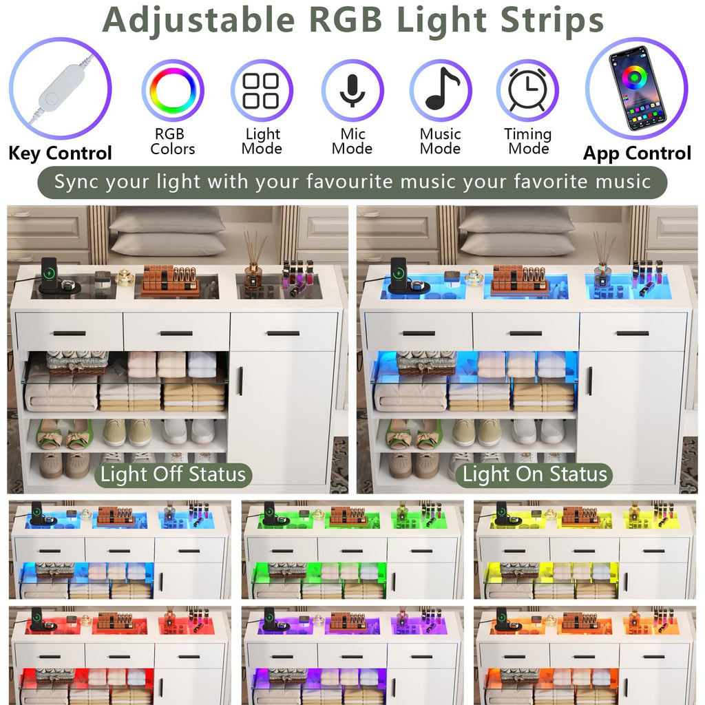 Wardrobe Armoire Closet with Charging & LED Light, Closet Island Dresser