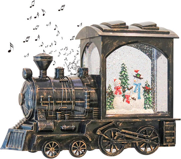 Christmas Train Snowman Battery Operated Musical Lighted Water Snowing Glittering Snow Globe Lantern with Timer