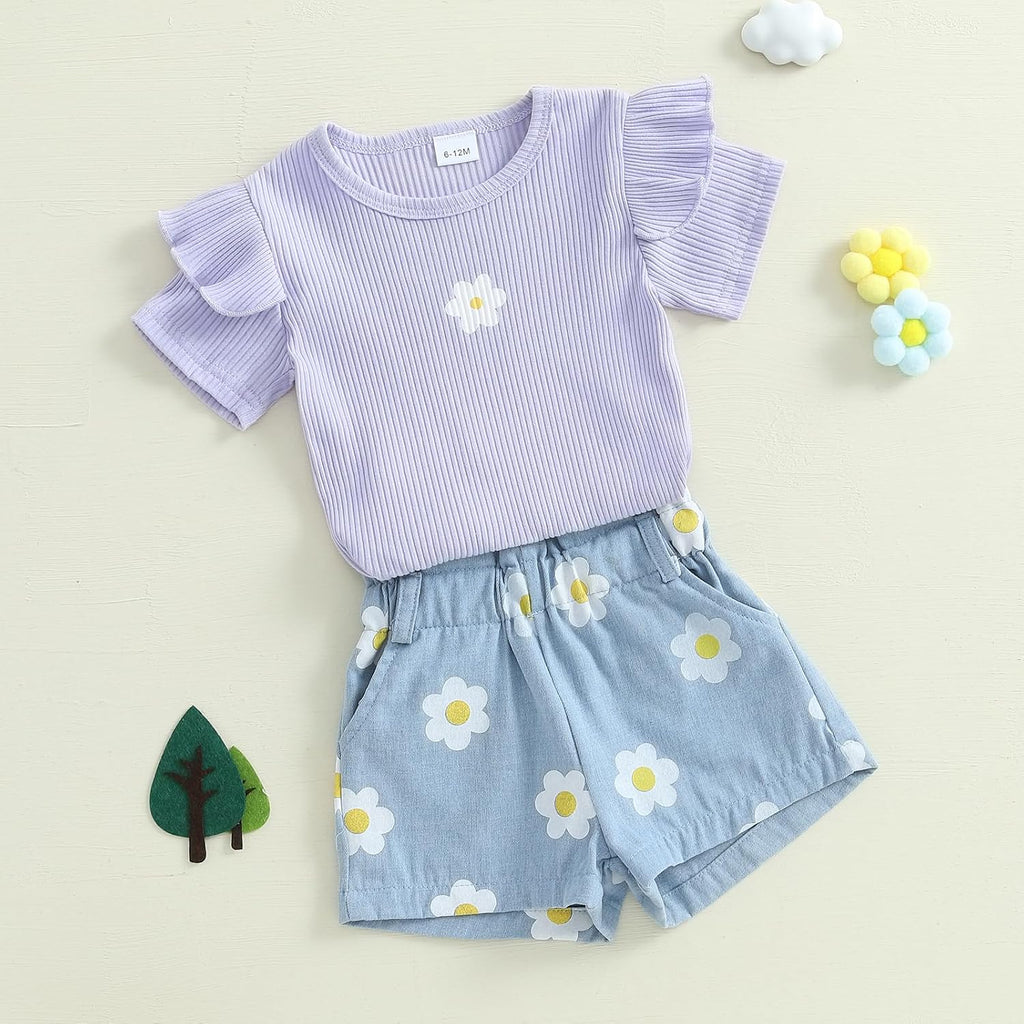 Toddler Baby Girl 2Pcs Knit Ribbed Ruffle Short Sleeve Floral Print Tops + Shorts Set Outfits