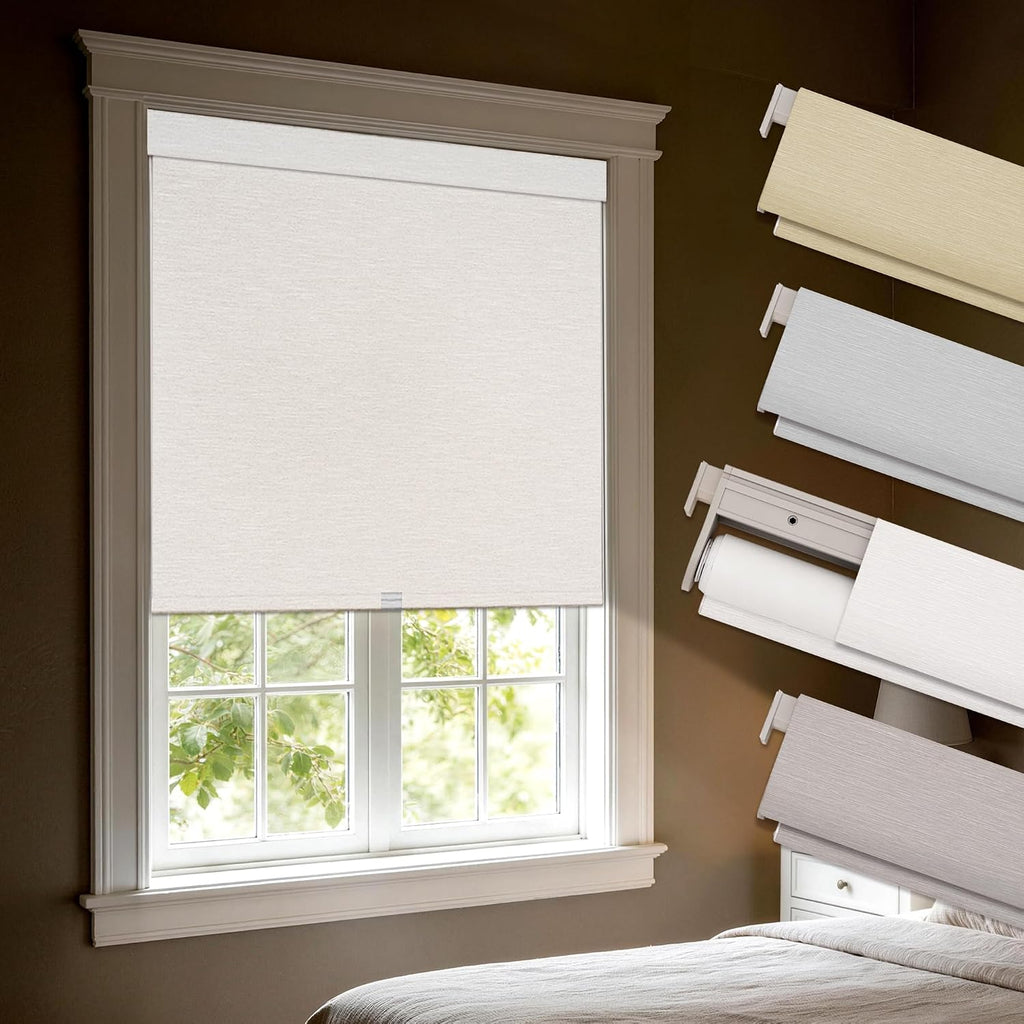 Blackout Roller Shades with Valance,White, | No-Drill Cordless Linen-Like Thermal Insulated Blinds, UV Proetction For