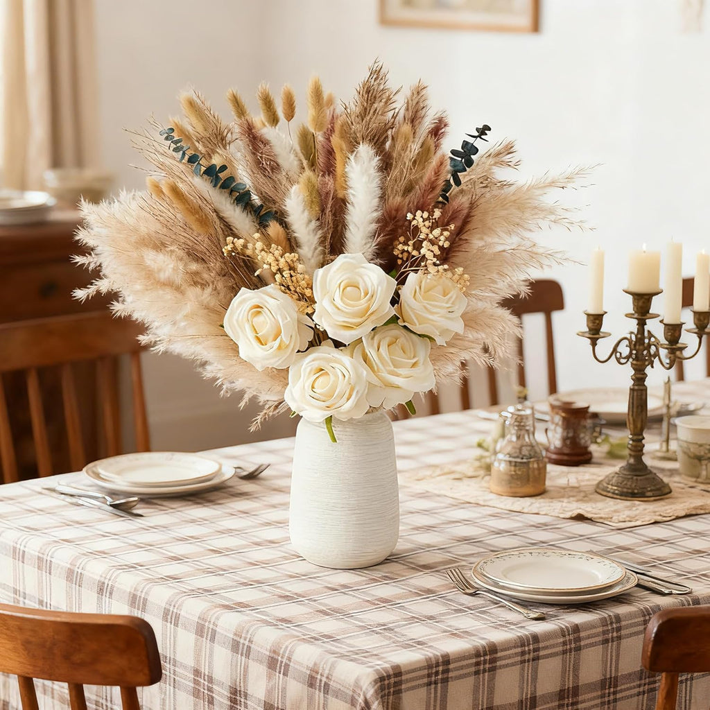 Dried Pampas Grass with Vase, Includes Artificial Silk Roses, Boho Natural Dried Flowers for Coffee Table - Set of 100