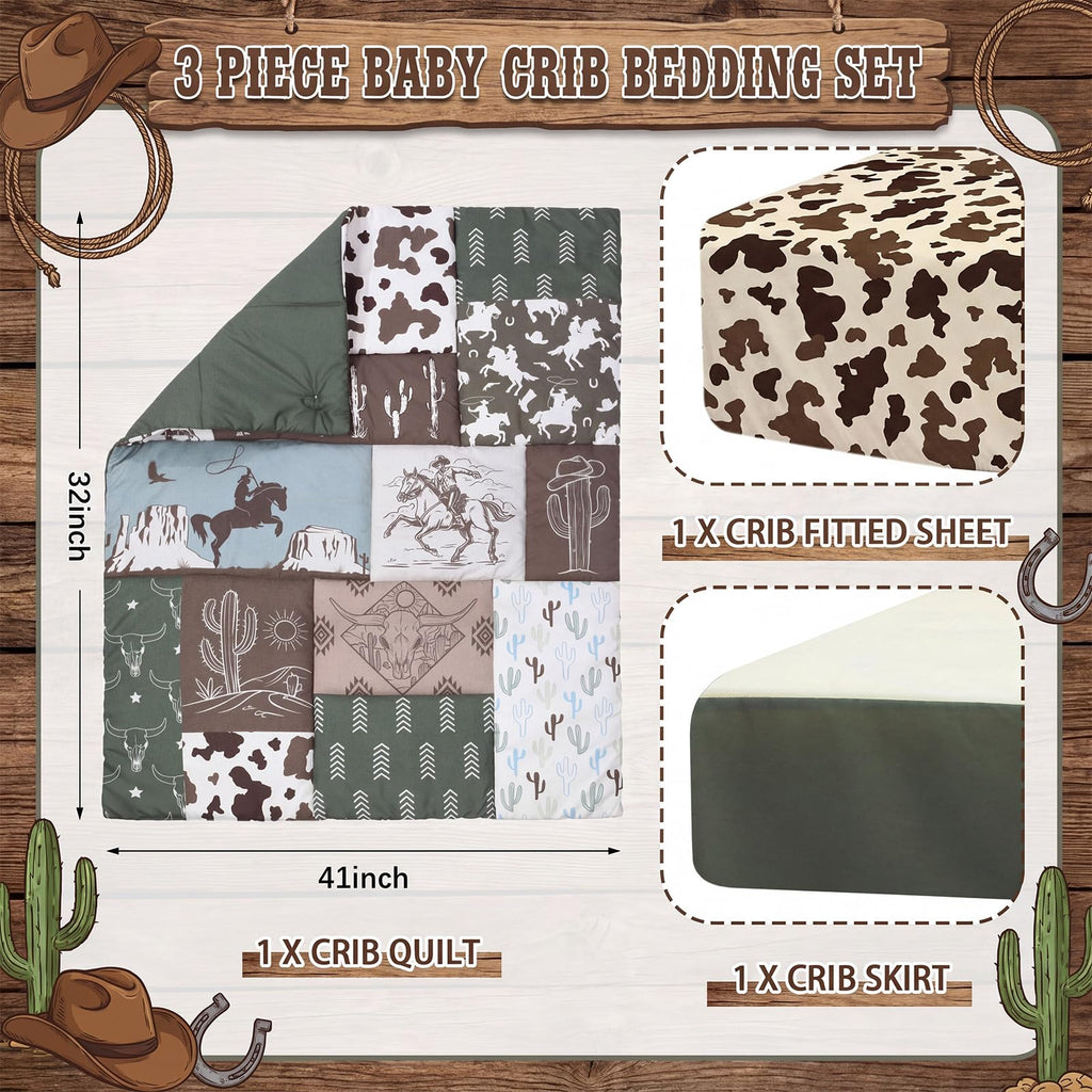 3 Pcs Western Cowboy Crib Sheet Set Baby Crib Bedding Set Includes 52"x28" Fitted Sheet, Quilt, Bed Skirt for Newborn