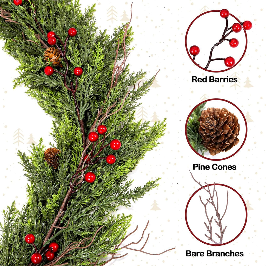 Faux Cedar Christmas Garland with Red Berries & Pine Cones - Full Faux Winter Greenery for Holiday Mantel, Staircase