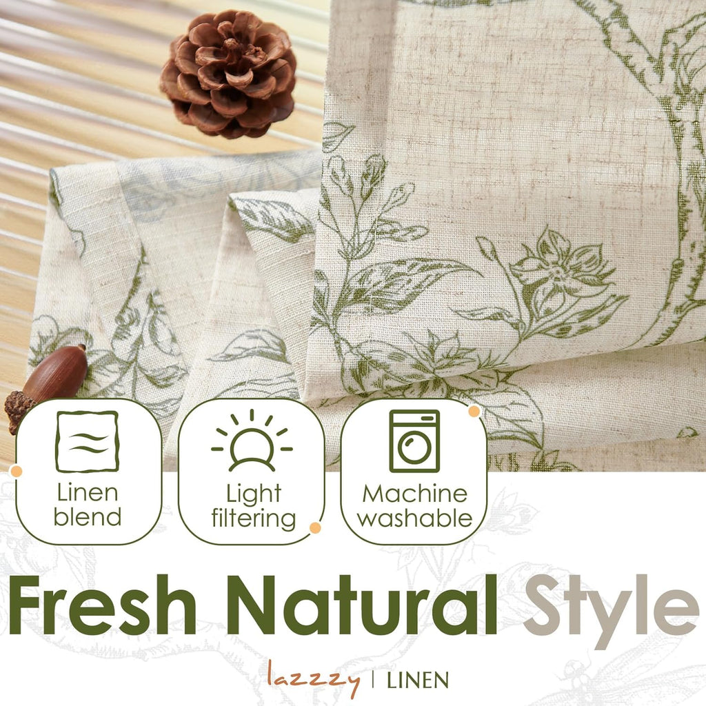 Green Floral Linen Kitchen Curtains 24 Inch Long, Linen Farmhouse Cafe Rustic Country Small Curtains Rod Pocket Tiers