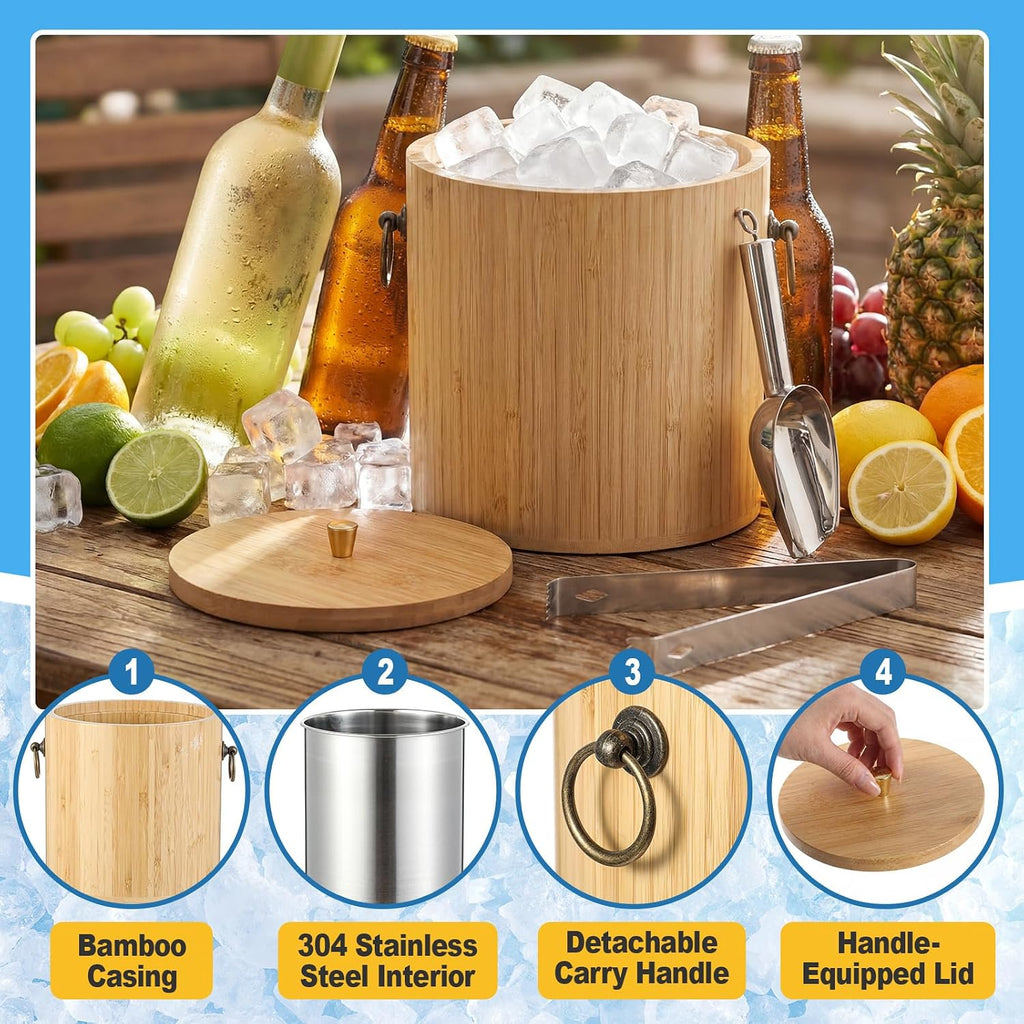 3L Bamboo Ice Bucket with Stainless Steel Interior, Insulated Ice Bucket with Lid & Handles, Includes Scoop & Tongs