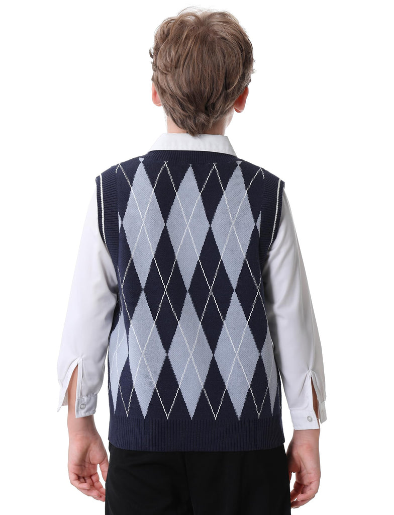 Boys Argyle Sweater Vest V-Neck Uniform Sleeveless Vest Kids Over Knit Sweaters for Children Navy