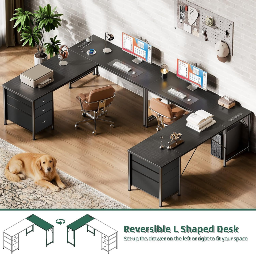 63" L Shaped Desk with Power Outlets & USB-C Port, Reversible Corner Computer Desk with 3 Fabric Drawers, Hooks, Home