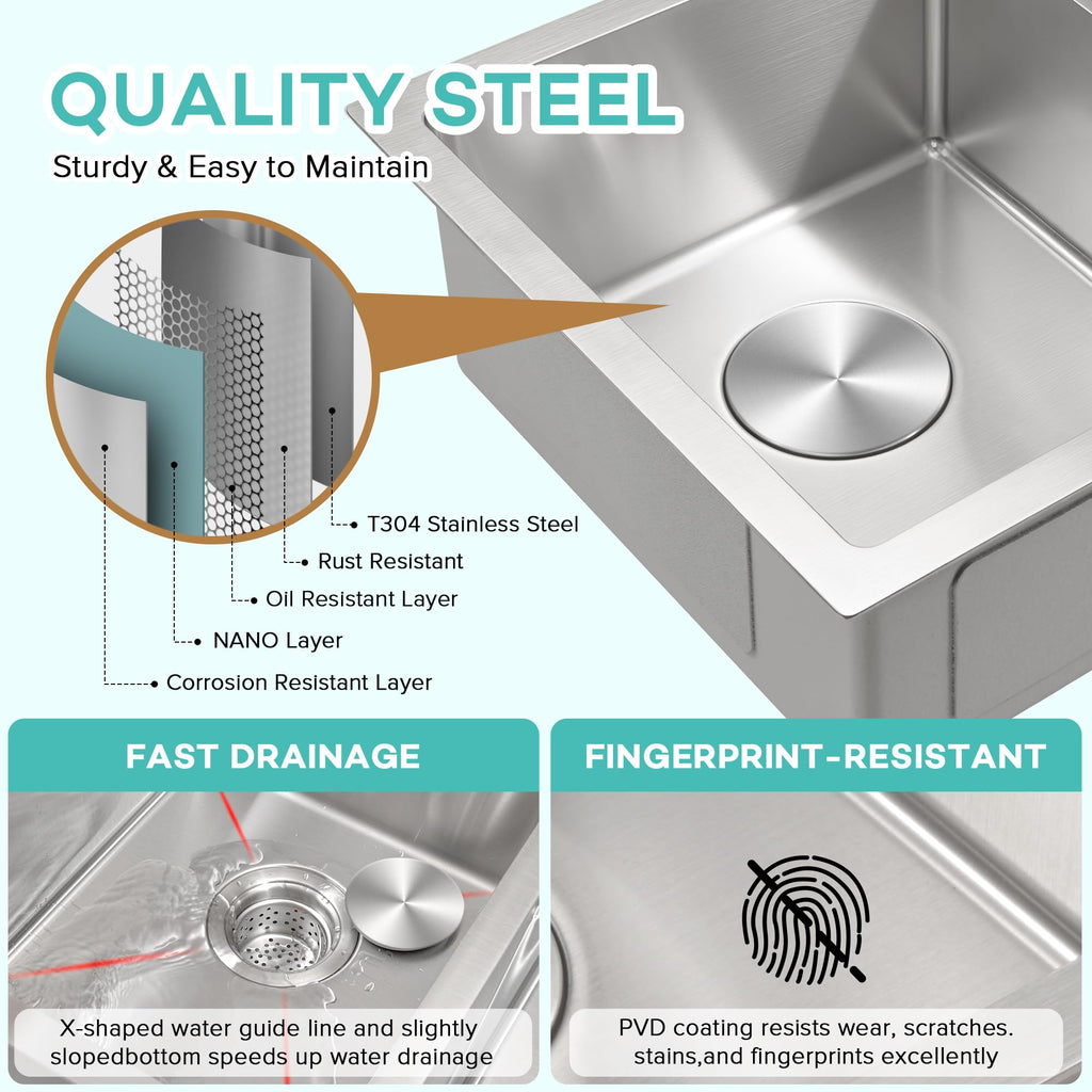 31 Inch Double Sink Undermount, 50/50 Double Bowl Kitchen Sink 31''x18'', 16-Gauge T304 Stainless Steel Undermount