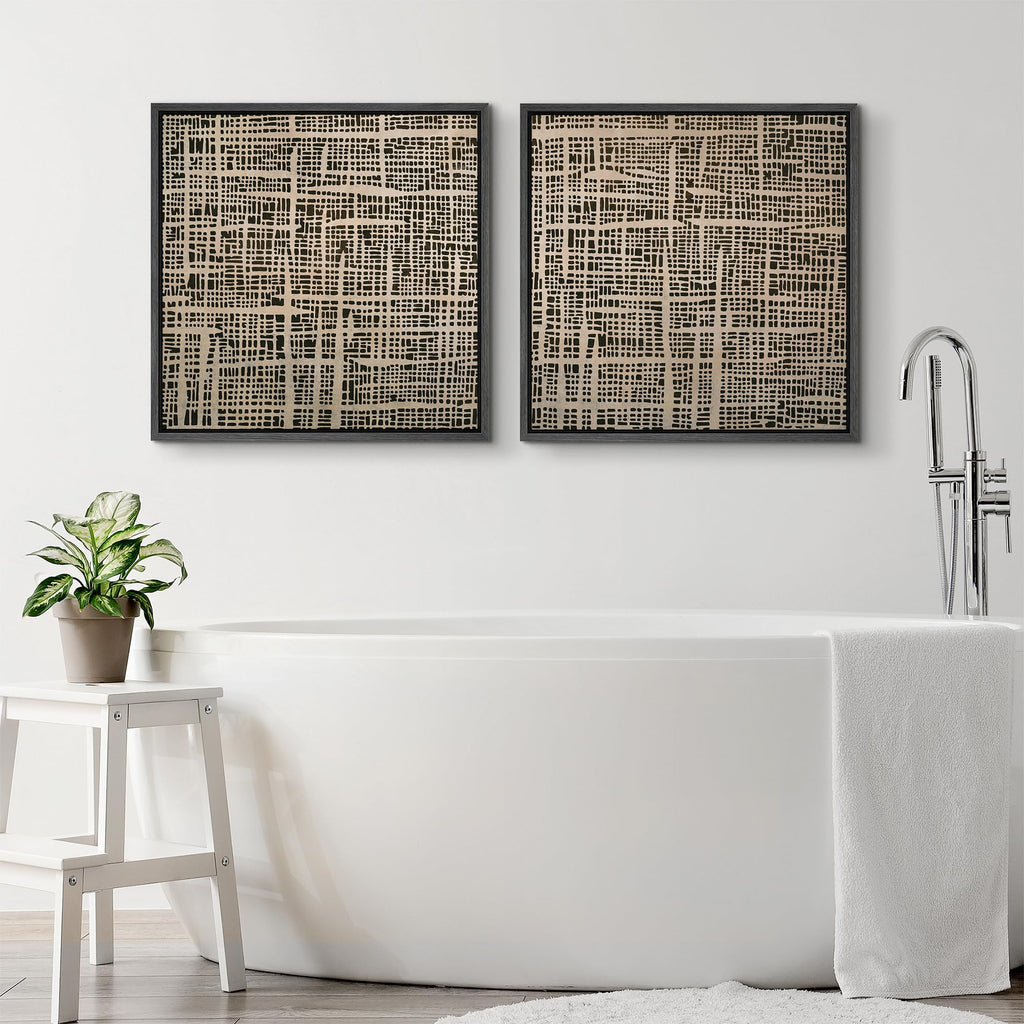 Framed Canvas Print Wall Art Set Abstract Grid Pattern Artwork, Neutral Geometric Illustrations Modern Art Minimal