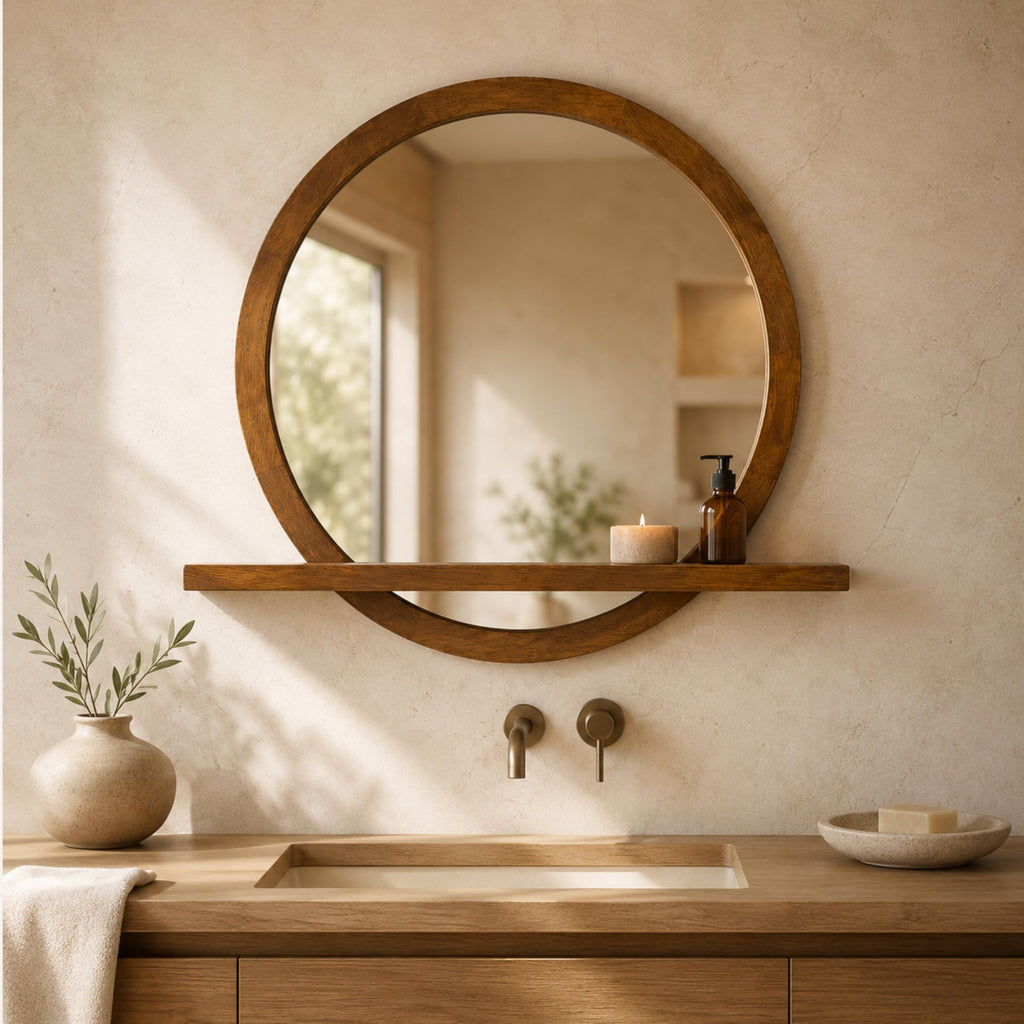 18" Round Wall Mirror with Shelf, Solid Wood Frame