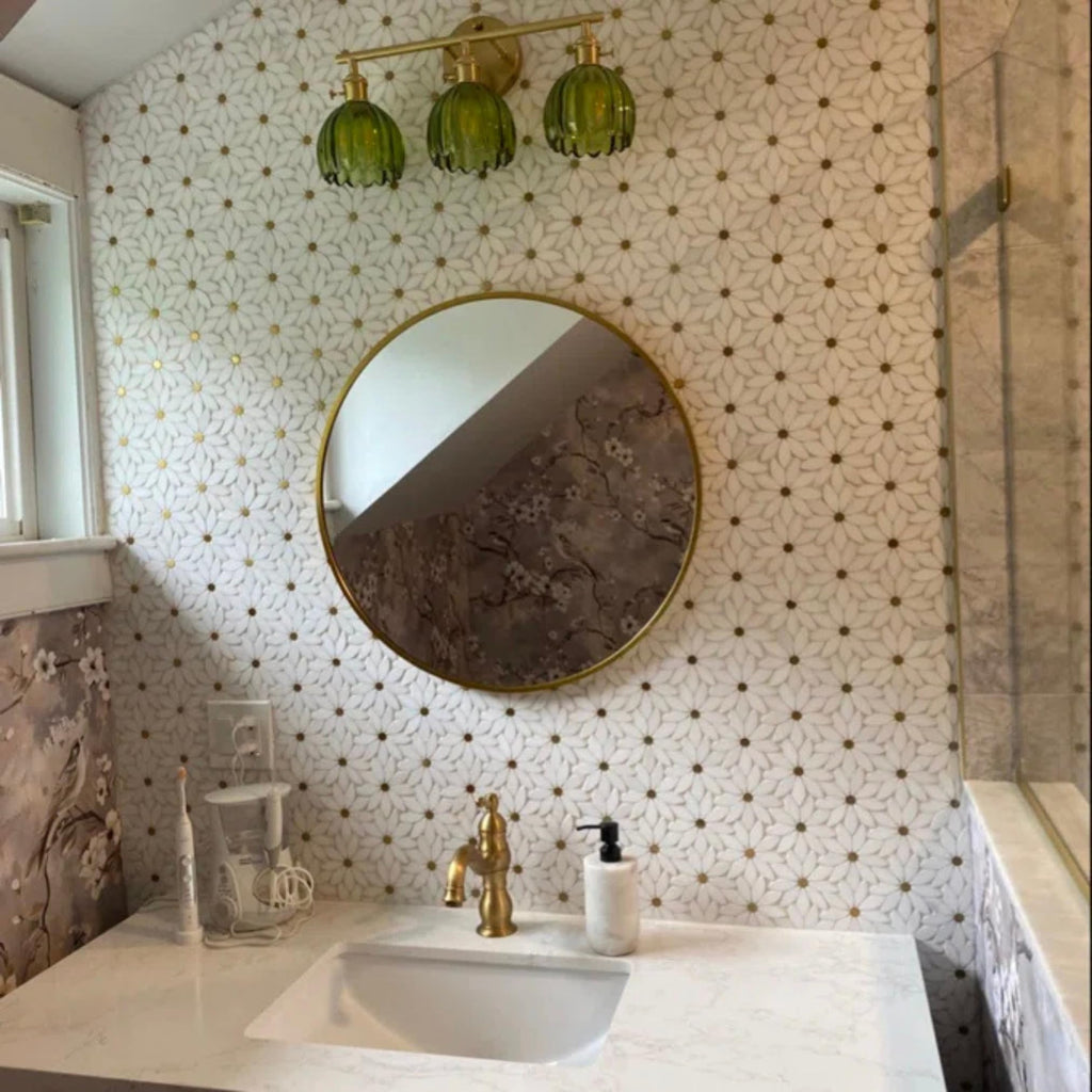 Thassos White Marble Daisy Flower Mosaic Tile with Gold Metal Inlay 12x12 Inches - Decorative Natural Stone Wall &